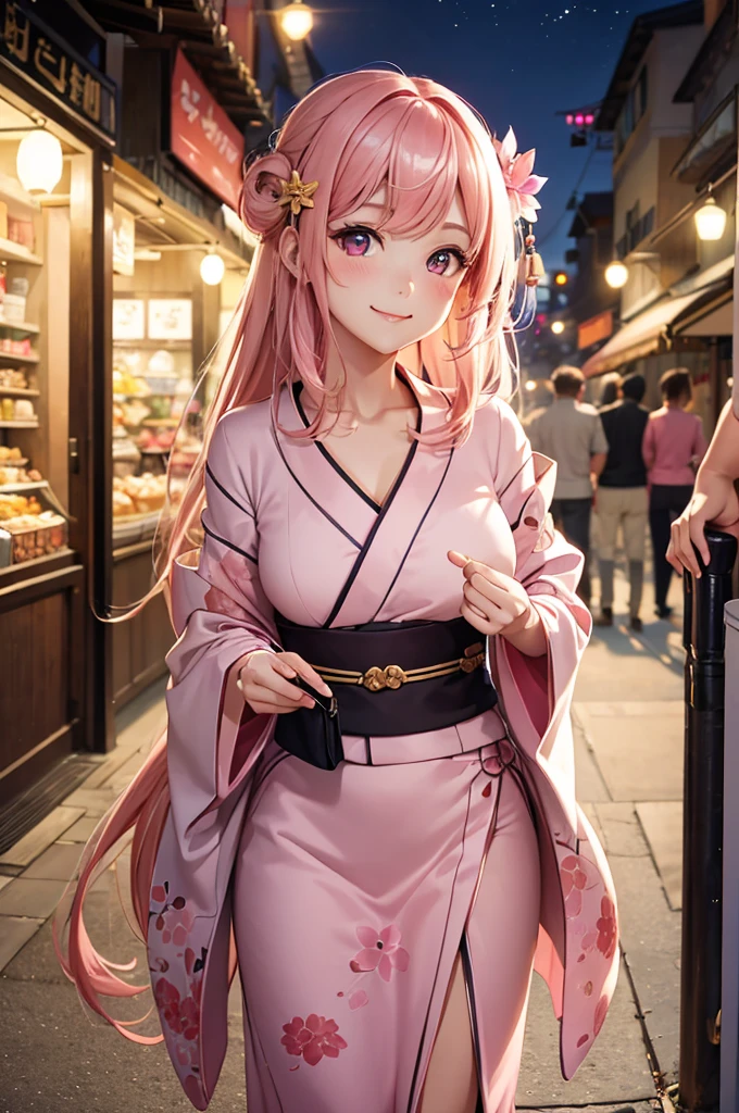 Best Quality,High resolution,8k,finelity detailed background,Masterpiece:1.2),beautiful girl,Shiny pink hair,messy hair,Pink eyes,Gentle look,A refreshing look,smile,Best quality,Best Quality,Aesthetic and aesthetic:1.2,Best details((Super detailed))(High-definition CG illustrations),kimono,yukata,Slender body,night,festival,smile,blush,cute,Scrounge,Looking up,Being spoiled,super model