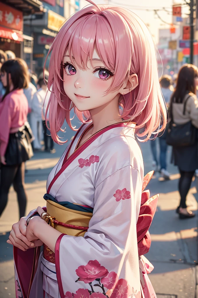 Best Quality,High resolution,8k,finelity detailed background,Masterpiece:1.2),beautiful girl,Shiny pink hair,messy hair,Pink eyes,Gentle look,A refreshing look,smile,Best quality,Best Quality,Aesthetic and aesthetic:1.2,Best details((Super detailed))(High-definition CG illustrations),kimono,yukata,Slender body,night,festival,smile,blush,cute,Scrounge,Looking up,Being spoiled,super model