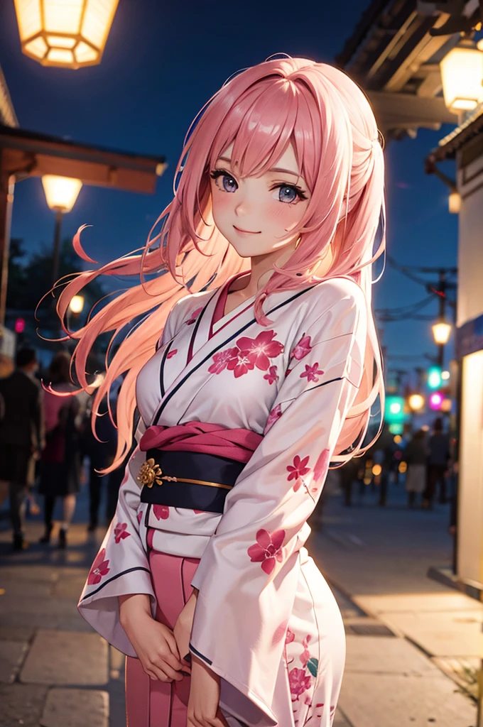 Best Quality,High resolution,8k,finelity detailed background,Masterpiece:1.2),beautiful girl,Shiny pink hair,messy hair,Pink eyes,Gentle look,A refreshing look,smile,Best quality,Best Quality,Aesthetic and aesthetic:1.2,Best details((Super detailed))(High-definition CG illustrations),kimono,yukata,Slender body,night,festival,smile,blush,cute,Scrounge,Looking up,Being spoiled,super model