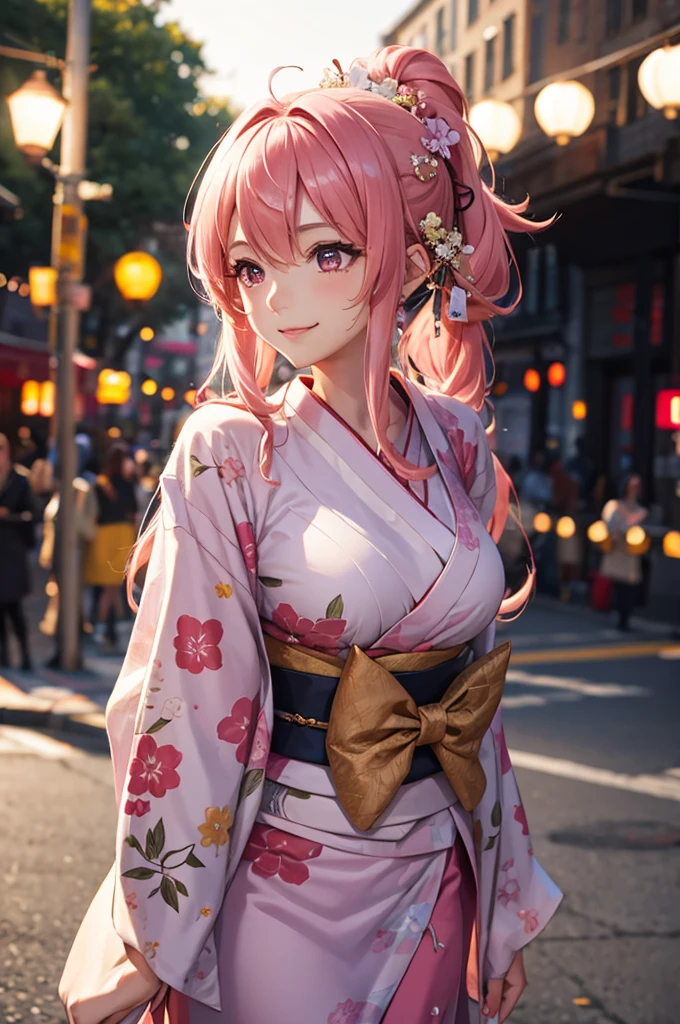 Best Quality,High resolution,8k,finelity detailed background,Masterpiece:1.2),beautiful girl,Shiny pink hair,messy hair,Pink eyes,Gentle look,A refreshing look,smile,Best quality,Best Quality,Aesthetic and aesthetic:1.2,Best details((Super detailed))(High-definition CG illustrations),kimono,yukata,Slender body,night,festival,smile,blush,cute,Scrounge,Looking up,Being spoiled,super model