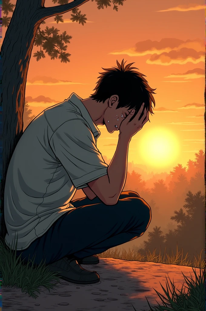 Black haired and skinned man, on the ground crying when seeing the sun rise , manga