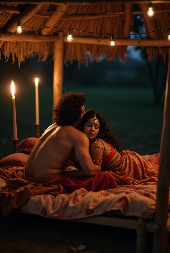 Radha krishna romantic nude hug in a jumgle hut in the night, lying over a wooden bed. Image from a distance.