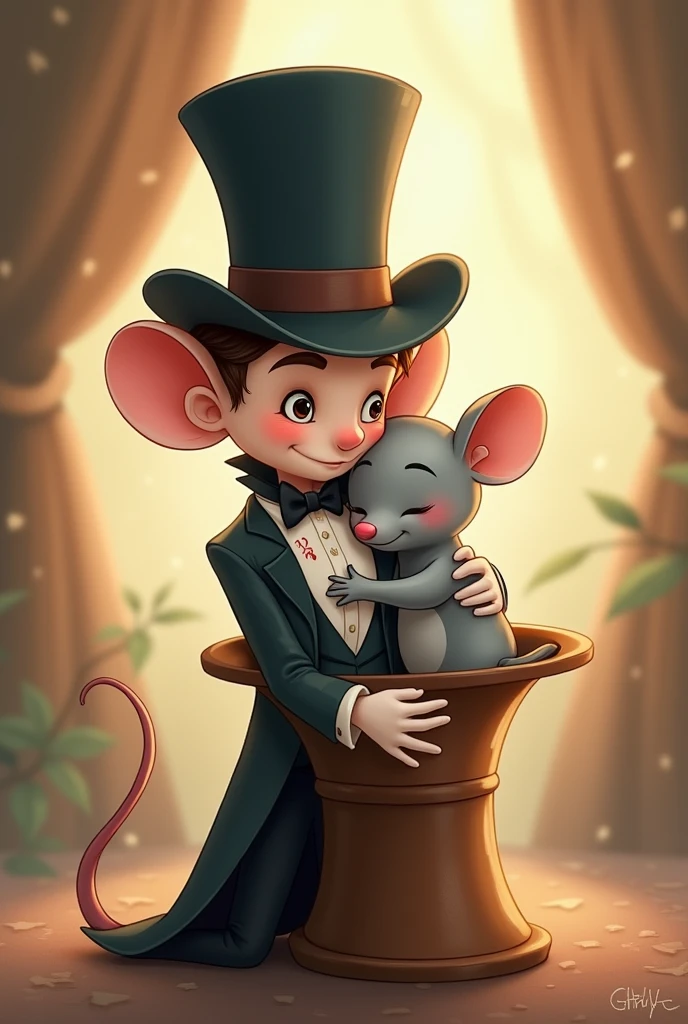 Cartoon illustration of an elegant magician with a playing card in his hat hugging a grey mouse (Romantic)