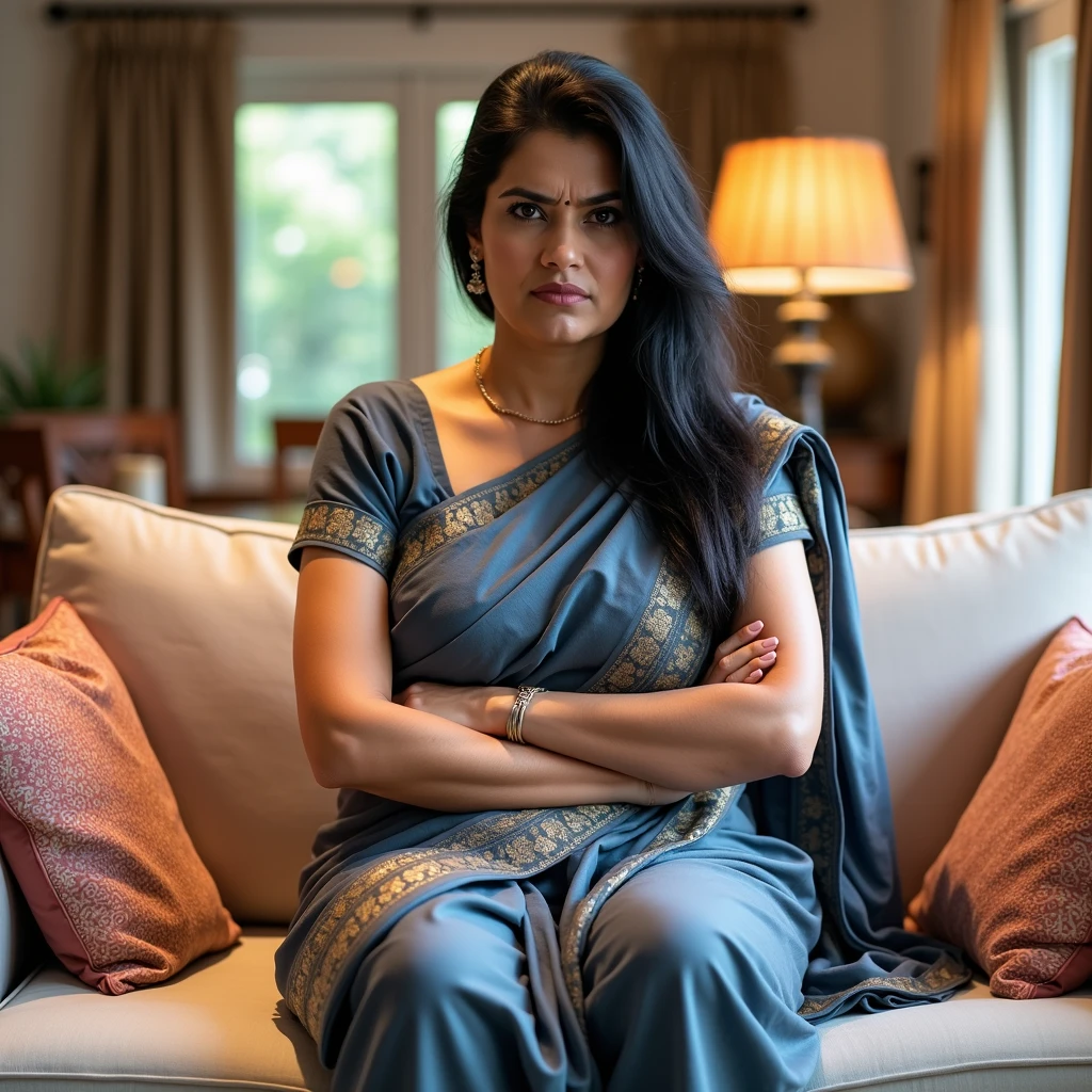 A realistic image of a 30-year-old Indian woman, big breast, sitting on a couch in a cozy living room. She is wearing a maroon saree with intricate patterns, and her long black hair is tied back. The woman has an angry expression, with her arms crossed and a stern look on her face. The setting includes soft lighting and warm colors, emphasizing her displeased mood as she sits upright on a cushioned couch.