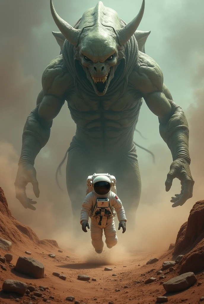 astronaut fleeing from a monstrous alien