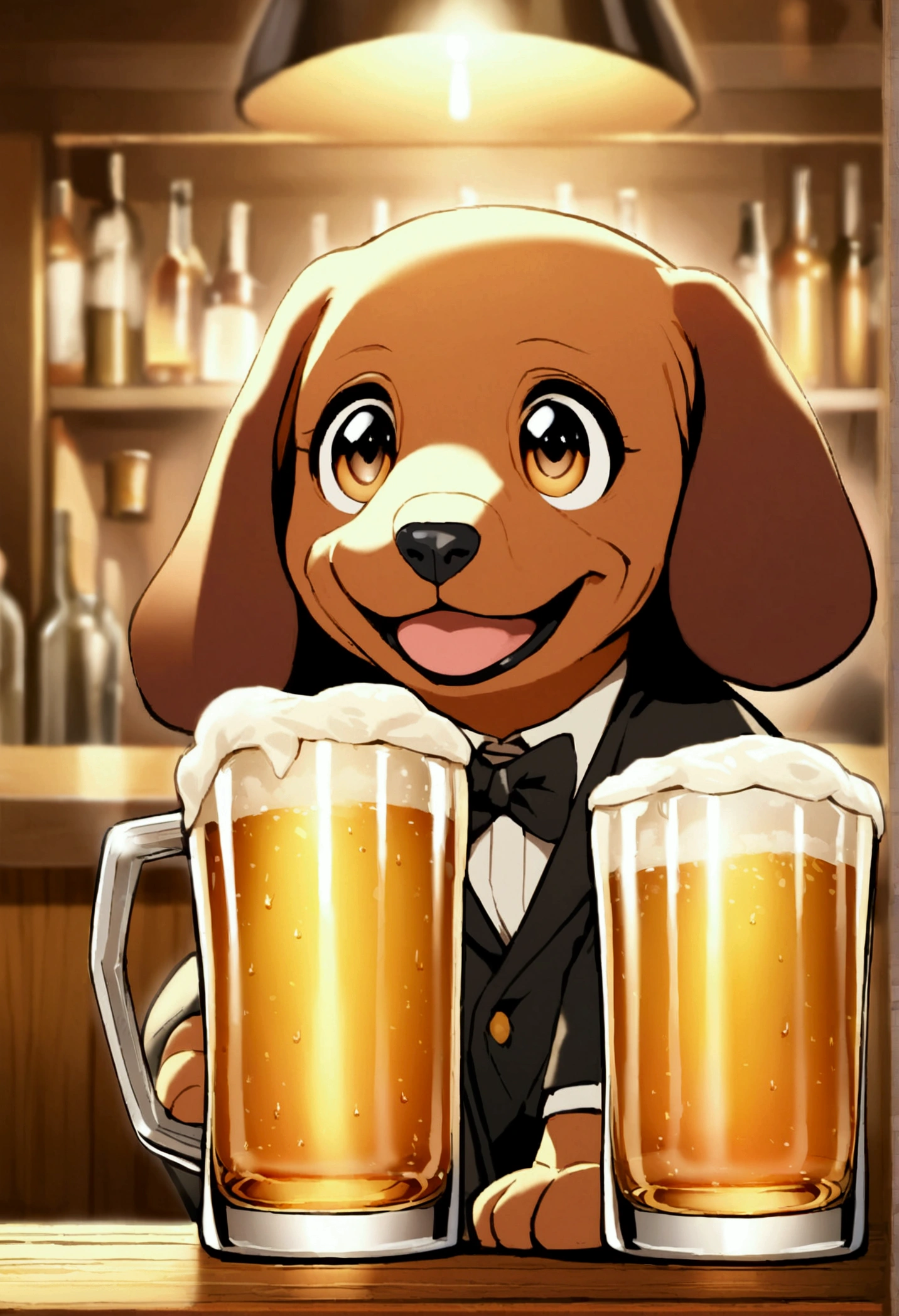 an image of a Dachshund puppy with large eyes and a happy face in a bar drinking a beer