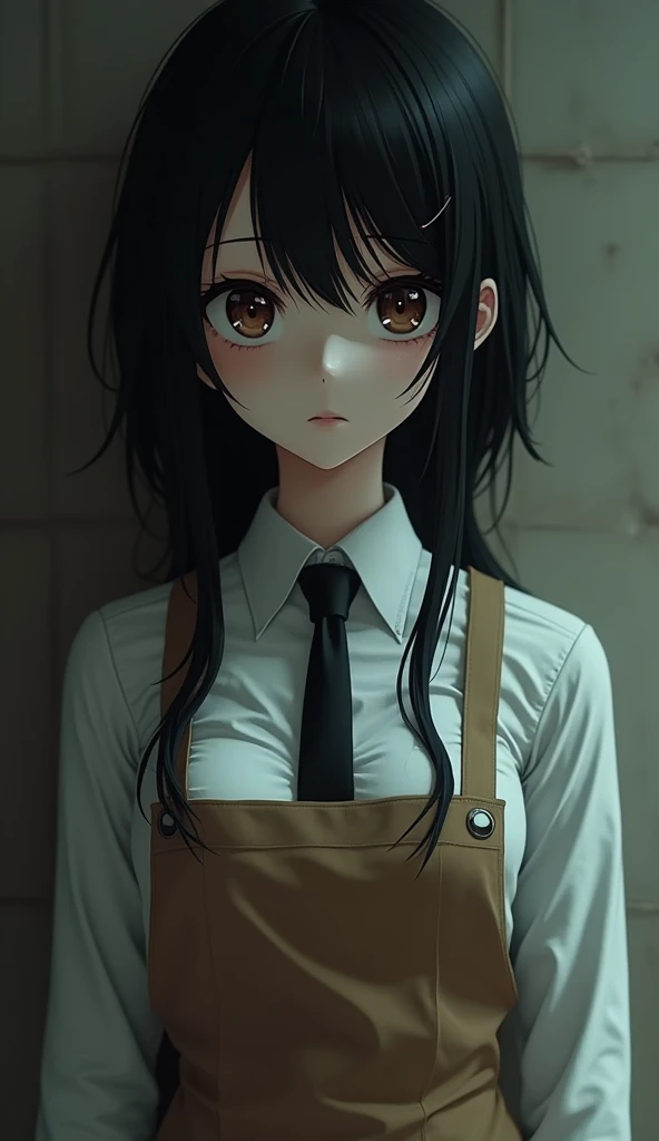 ((masterpiece, Highest quality)), (1 girl), (Lonely), (woman&#39;Focus of), night (Chainsaw Man),(Extremely rich facial detail, Real image, Realistic white skin, Realistic body, Intricate details), Upper Body, Severe , Brown eyes, Looking at the audience, bandage over the body, Black Hair, Long sleeve shirt, Apron dress, Black tie, bandage, bandage, Small breasts