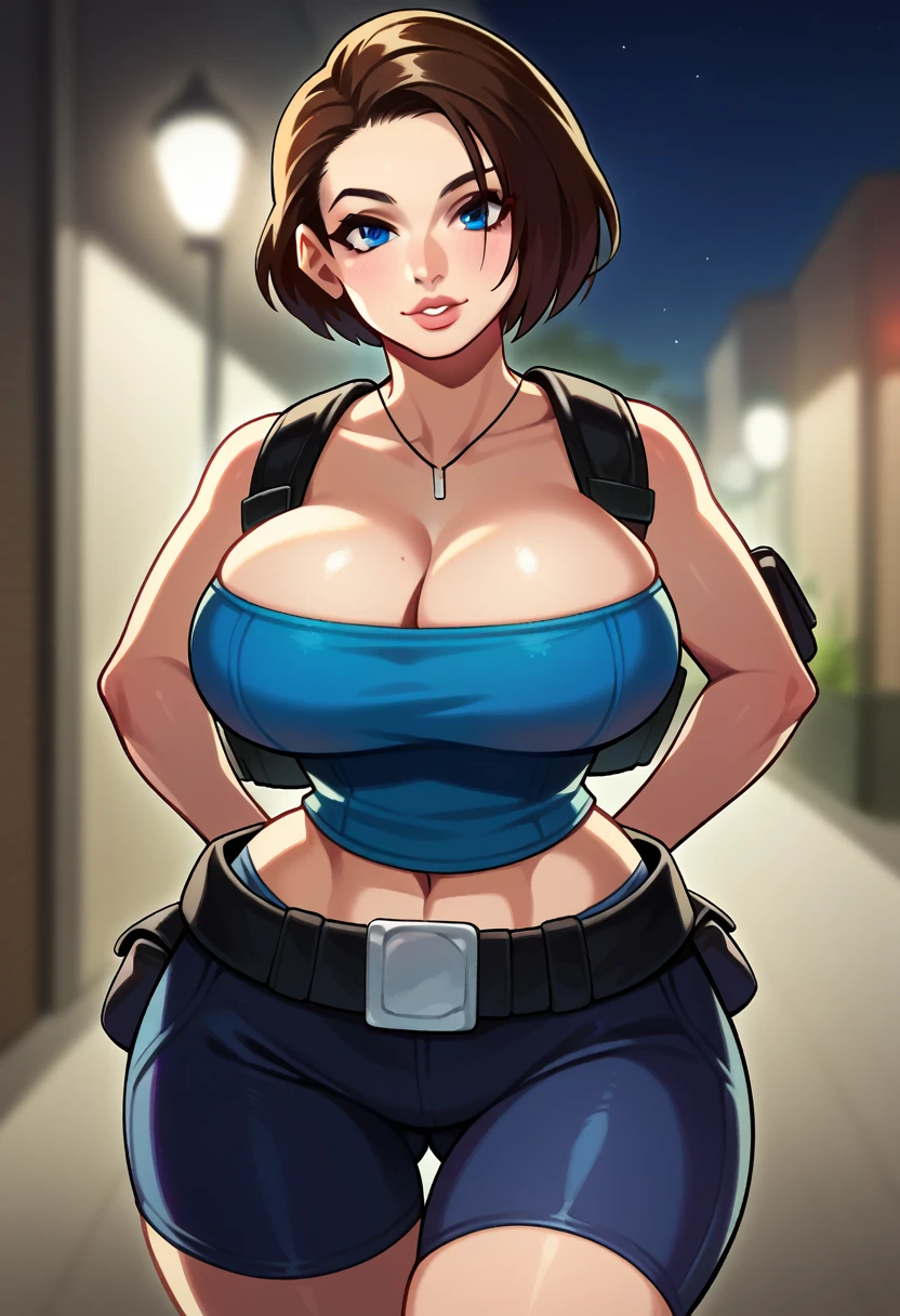 score_9, score_7_up 1girl, solo, (jill valentine):0.8, wide hips, cleavage, large breasts, depth of field, presenting, night, bike shorts, belt