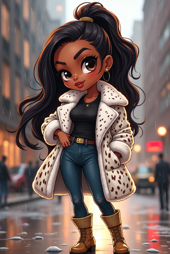 Captivating chibi-style digital illustration of a confident African American woman in a glamorous pose. Her long ponytail features black hair with brown highlights. She wears a stylish white cheetah print fur coat, a black t-shirt, jean pants, and thigh high boots with glitter trim. The cityscape background adds a magical ambiance, with delicate rain falling. Natural light illuminates the character and surroundings, creating a warm atmosphere. Additional elements are included to make the image stand out.