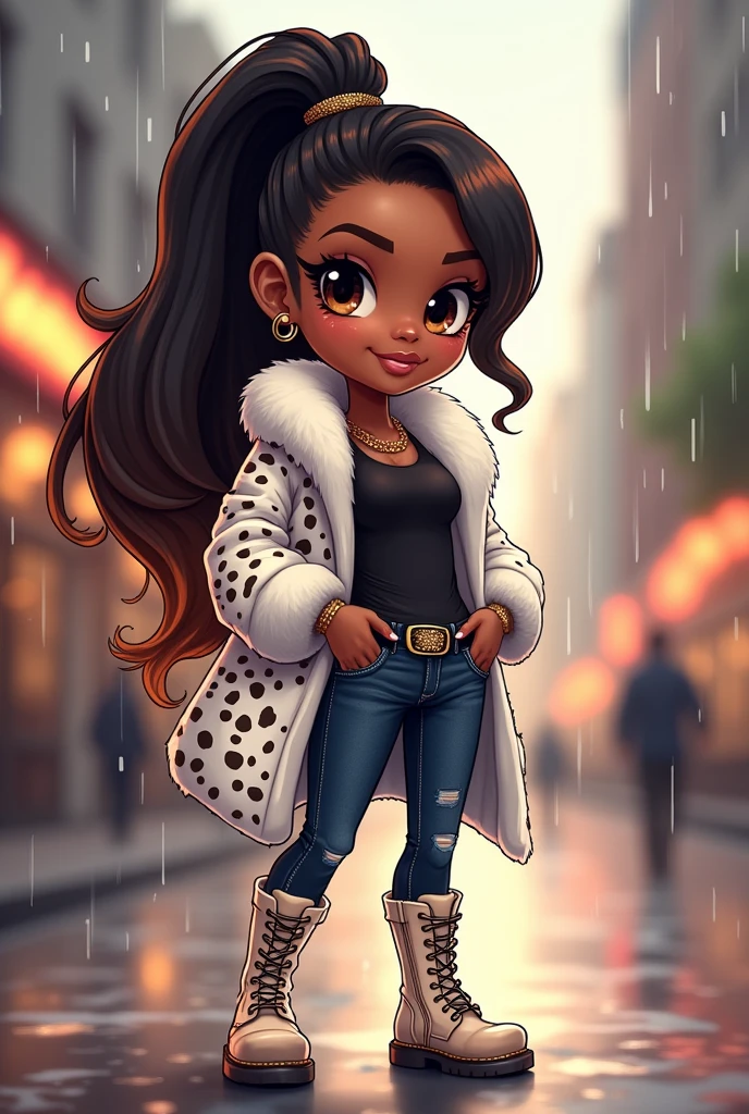 Captivating chibi-style digital illustration of a confident African American woman in a glamorous pose. Her long ponytail features black hair with brown highlights. She wears a stylish white cheetah print fur coat, a black t-shirt, jean pants, and thigh high boots with glitter trim. The cityscape background adds a magical ambiance, with delicate rain falling. Natural light illuminates the character and surroundings, creating a warm atmosphere. Additional elements are included to make the image stand out.