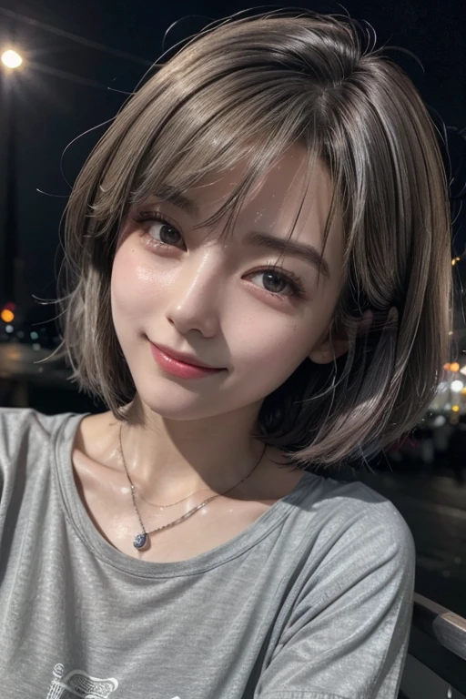 Full-body photo,(Surreal) , (Like the picture:1.4),(Increase the resolution), (8k), (Very detailed), (Beautiful and detailed), (Highest quality), (Very detailedな), (masterpiece), (wallpaper), (Detailed face), alone,1 girl, perfect beautiful japanese woman:1.4、19 years old、Looking at the audience, Subtle details, Detailed face, cloudy, Deep Shadow, A kind smile,Short Hair Silver Color Mesh,My hair is messy,look up,(T-Shirts:1.2),The background is night,Camera angle: High angle,Various poses,necklace,Pin on right ear,Attractive face, Mid-chest, Dynamic pose,