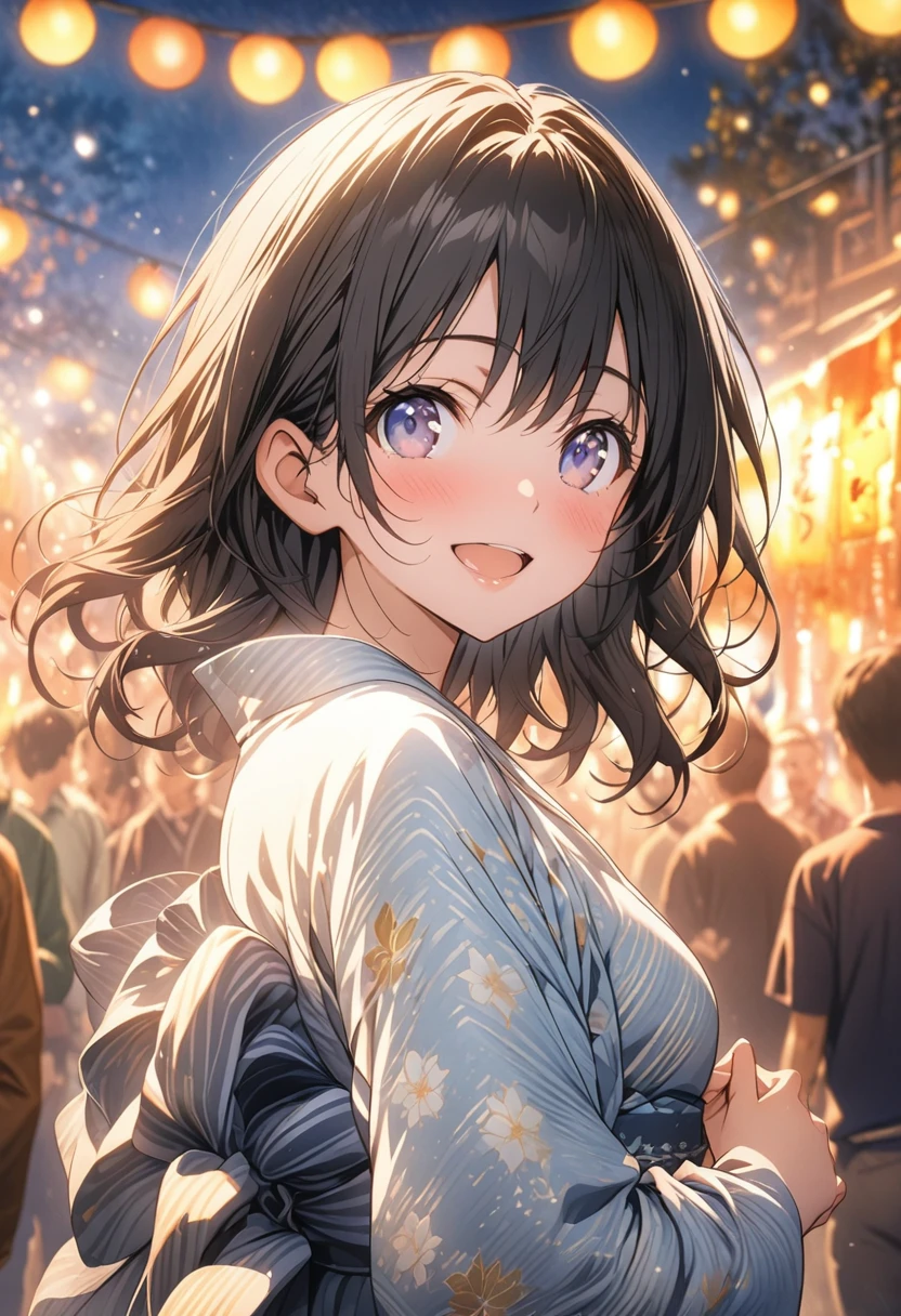 masterpiece, Highest quality,Full body angle, Highly detailed CG Unity 8k wallpaper, High School Girl Anime Illustration. Please wear a light yukata., Hands down, Her eyes and mouth are open, smile. Black Hair, black eye, twins, Bokeh Photo, (Soft Focus):1.2, Out of focus highlights, Festive atmosphere,With cotton candy、 Fascinating Depth, The background is a realistic cityscape,Looking up from a low angle