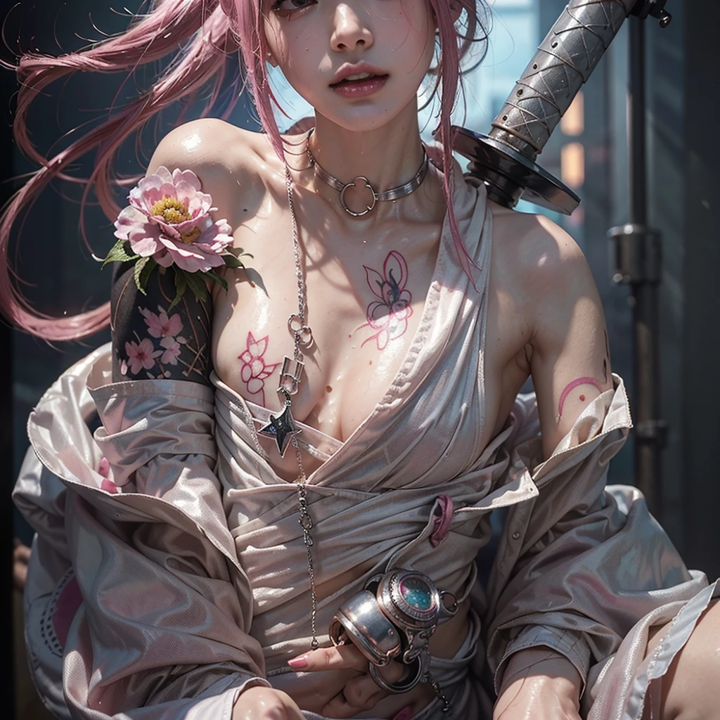 highest quality、Surreal、Perfect Anatomy、Crowded busy street、Surrounded by spectators、Crowd、Wet and shiny white skin、Sweat dripping all over the body、Slender model figure、Ahegao、Silver and pink hair、soaked、Super small face、Collars and Leads、Large cleavage、Cyberpunk City、photo shoot、Maid、Japanese sword、tattoo、