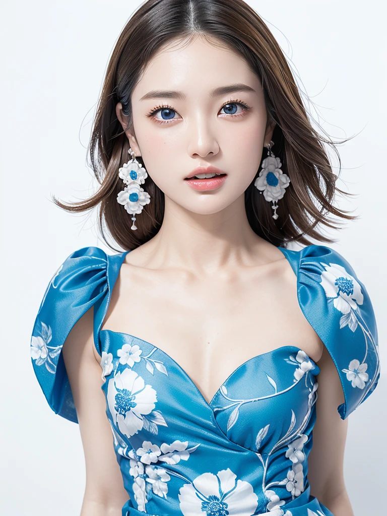 White Background、Professional Lighting、(((Professional Lighting 1.5)))、Translucent skin texture、Beautiful Skin、Beautiful Skin、、(((Whitening 1.5)))、、、音符のEcstasy、((Blue floral dress 1.5))、Open your chest wide 1.4、Very good、Mid-shot photo、Simple Earrings、((Brown Hair))、Tie your hair、Sex Appeal、Sex Appeal、Ecstasy、(((Mid-shot photo1.5))、(((1.85)))