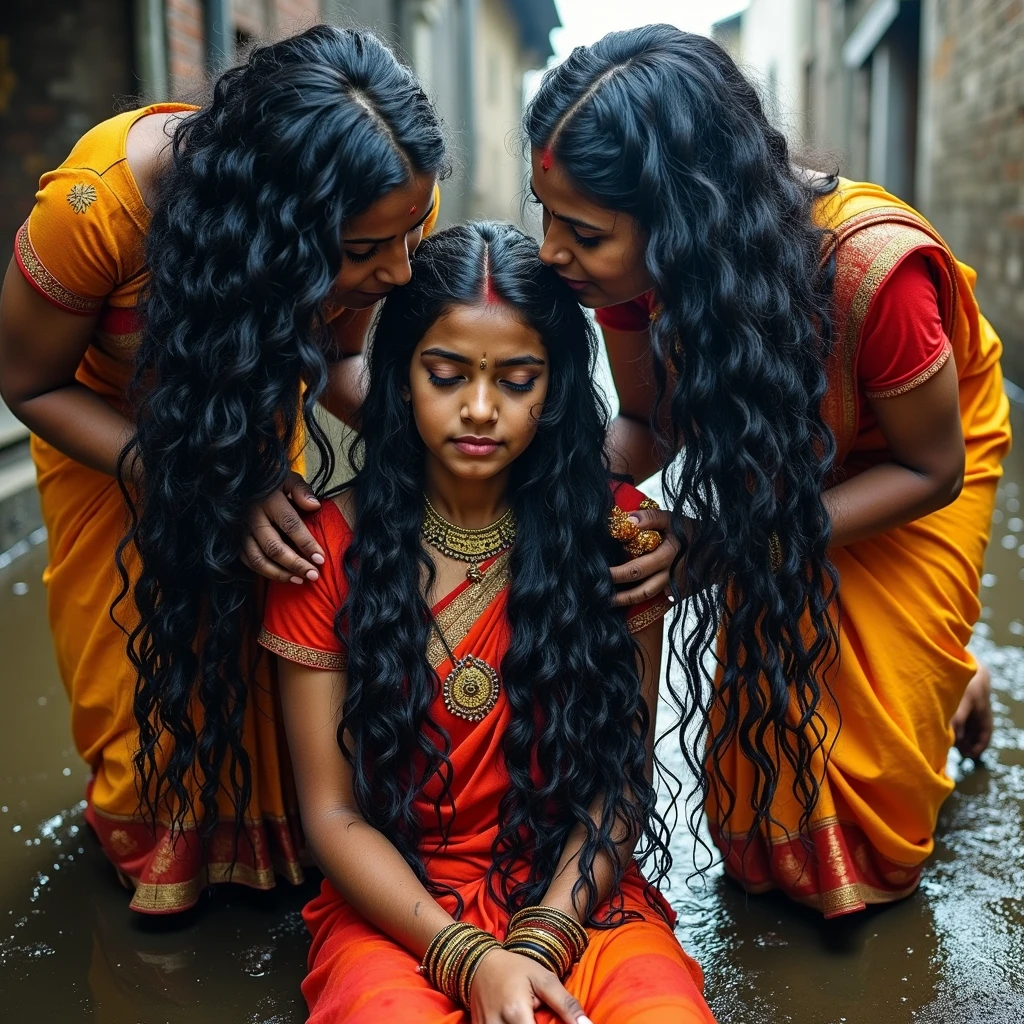 indian kali temple,three younger indian ladies in sarees,black curly hairs,like rapunzel noodles,Flooded with 10000000000000000000000000000000000000 liters of oil over thier hair,hairs like oil pulp,hairlines are all together till the end,one lady kneeled down, other two bend over and kissing head scalp from behind,