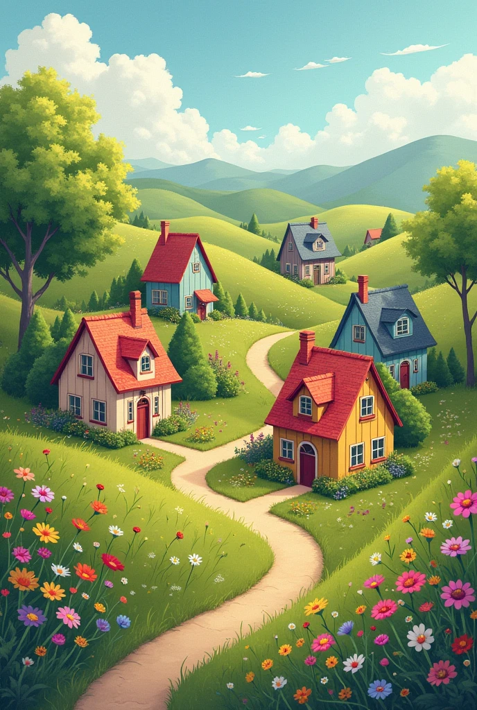 Back cover of the book with a magical town with several little houses