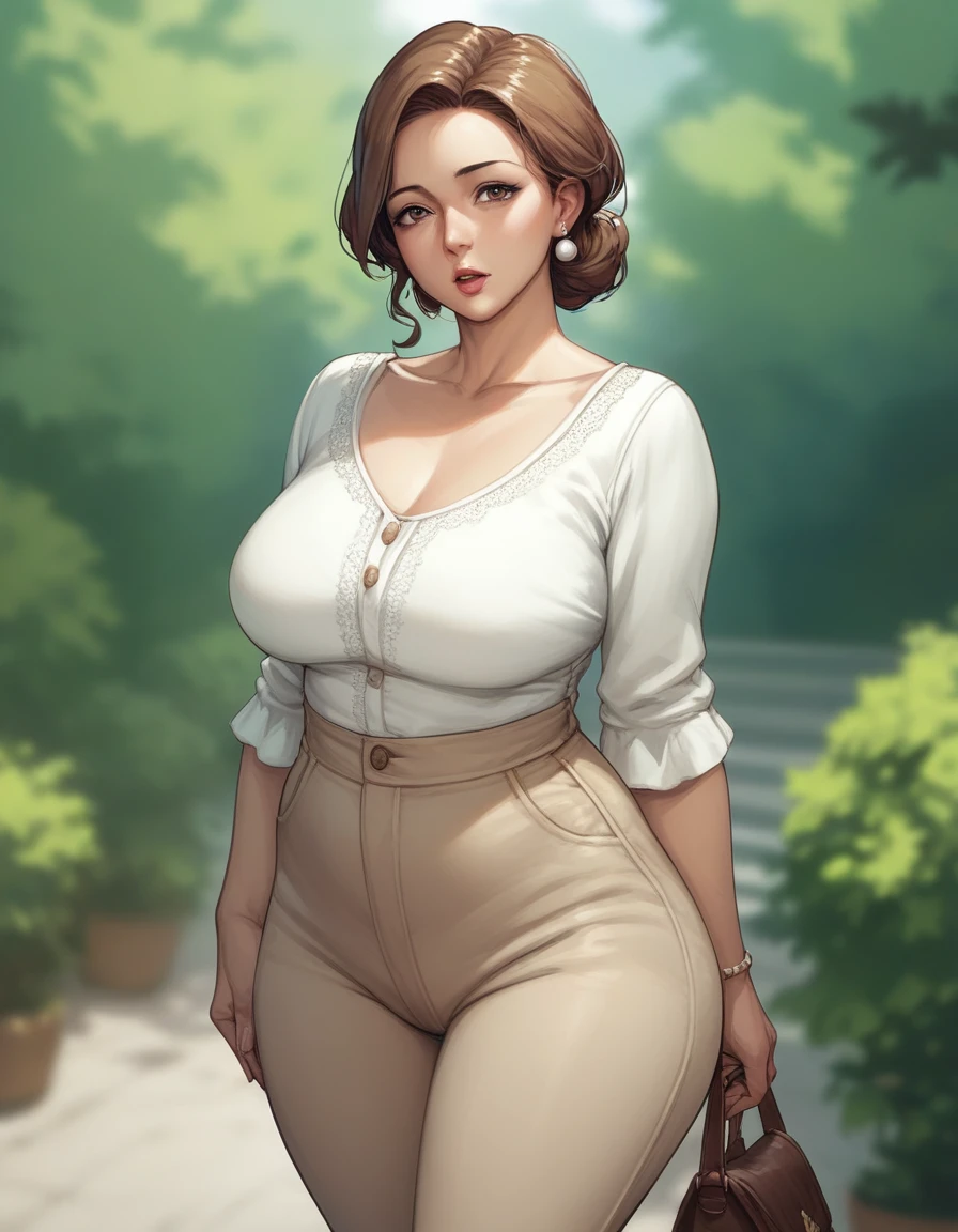 score_9, score_8_up, score_7_up, source_anime,1girl, mature female, brown hair, curvy mother, wide hips, normal breast, (excited expression:1.0), looking at viewer, standing, sexy white blouse, beige pants, half complete body view