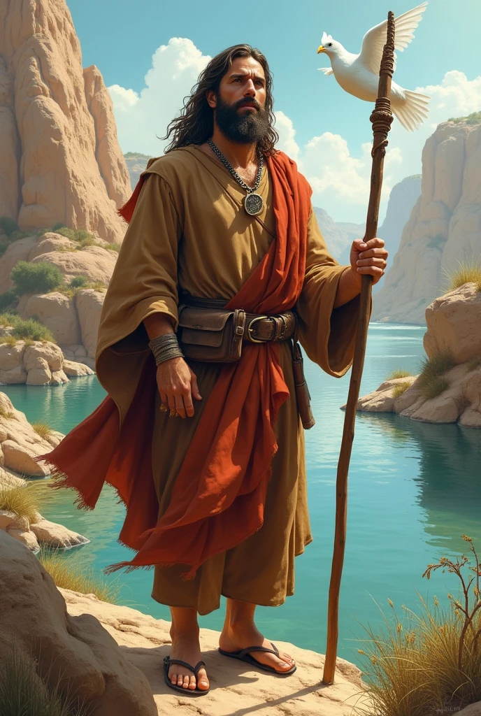 John the Baptist is an important figure in the Christian tradition., known for being the precursor of Jesus Christ. He is often depicted as an austere-looking man., with camel skin clothing and a leather belt. Their hair is generally long and shaggy., and his face may reflect an expression of seriousness and devotion.
In many works of art, He is represented in a natural environment, often next to rivers, since he baptized people in the Jordan River. He often holds a staff or rod., symbolizing his role as spiritual guide. It can also be accompanied by symbolic elements., like the dove that represents the Holy Spirit
