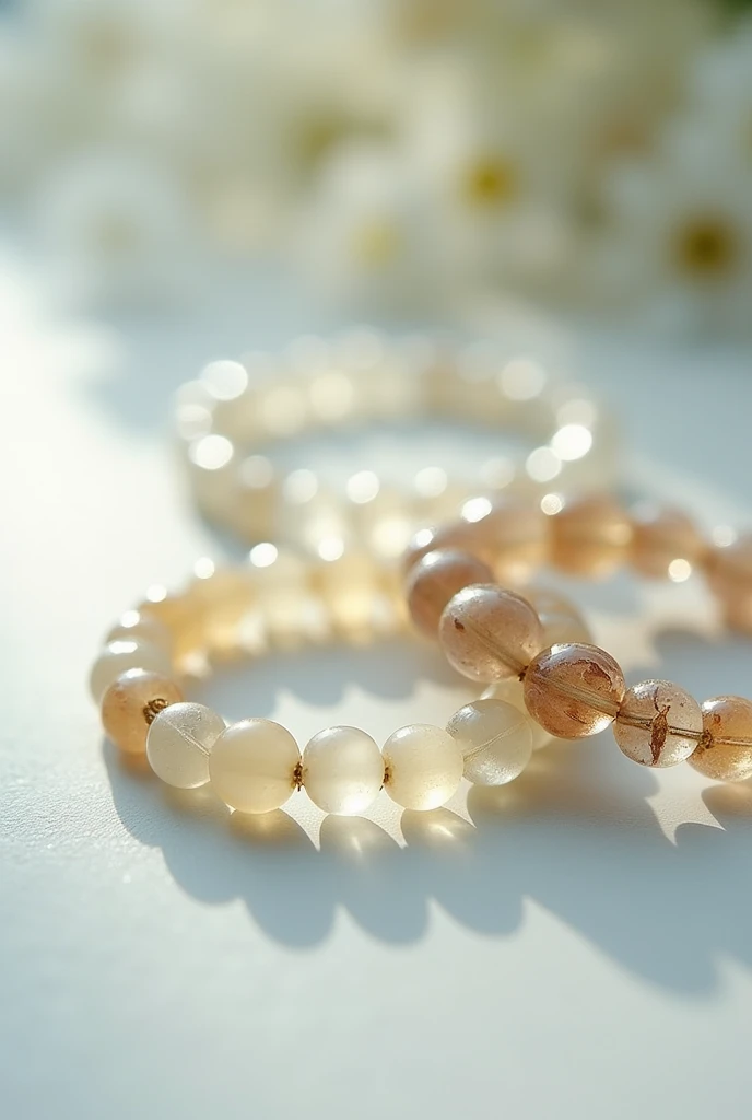 Prompt: “A close-up view of several glass-beaded bracelets in shades of green and white. The bracelets are made of smooth, translucent glass beads that catch the light, creating a shimmering effect. Each bracelet has beads of varying sizes and textures, some with glossy finishes and others with a frosted appearance. They are arranged in a neat, slightly overlapping pattern on a clean, neutral background. The lighting is soft, enhancing the reflective qualities of the glass beads and highlighting the delicate craftsmanship of each bracelet.”