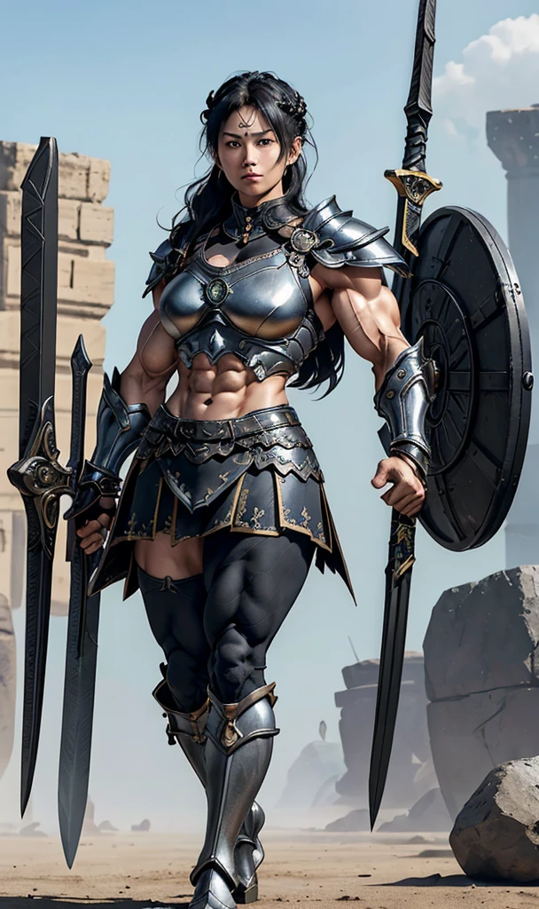 Highest quality、４K８K、One female、((Full body image))、((A woman with a massive muscular physique))、40-year-old woman、Valkyrie General、Height: 185cm、Weight 110kg、Medieval metal armor、Ornately decorated ceremonial armor、((Metal armor with lots of exposed skin))、Metal long boots、Stiletto boots、With a huge long sword、(No sleeve)、((Ultra Mini Skirt Armor))、 so that you can see your underwear、bulging muscles、Protruding veins、((Thick and strong neck))、(Developed trapezius muscles)、Six-pack、Male bodybuilder chest、((Strong muscular thighs))、a lot of armpit hair、Model standing、The Queen's Appearance、A Majestic General、Possesses incredible strength、Black-haired chignon、Hair Ornament Style Helmet