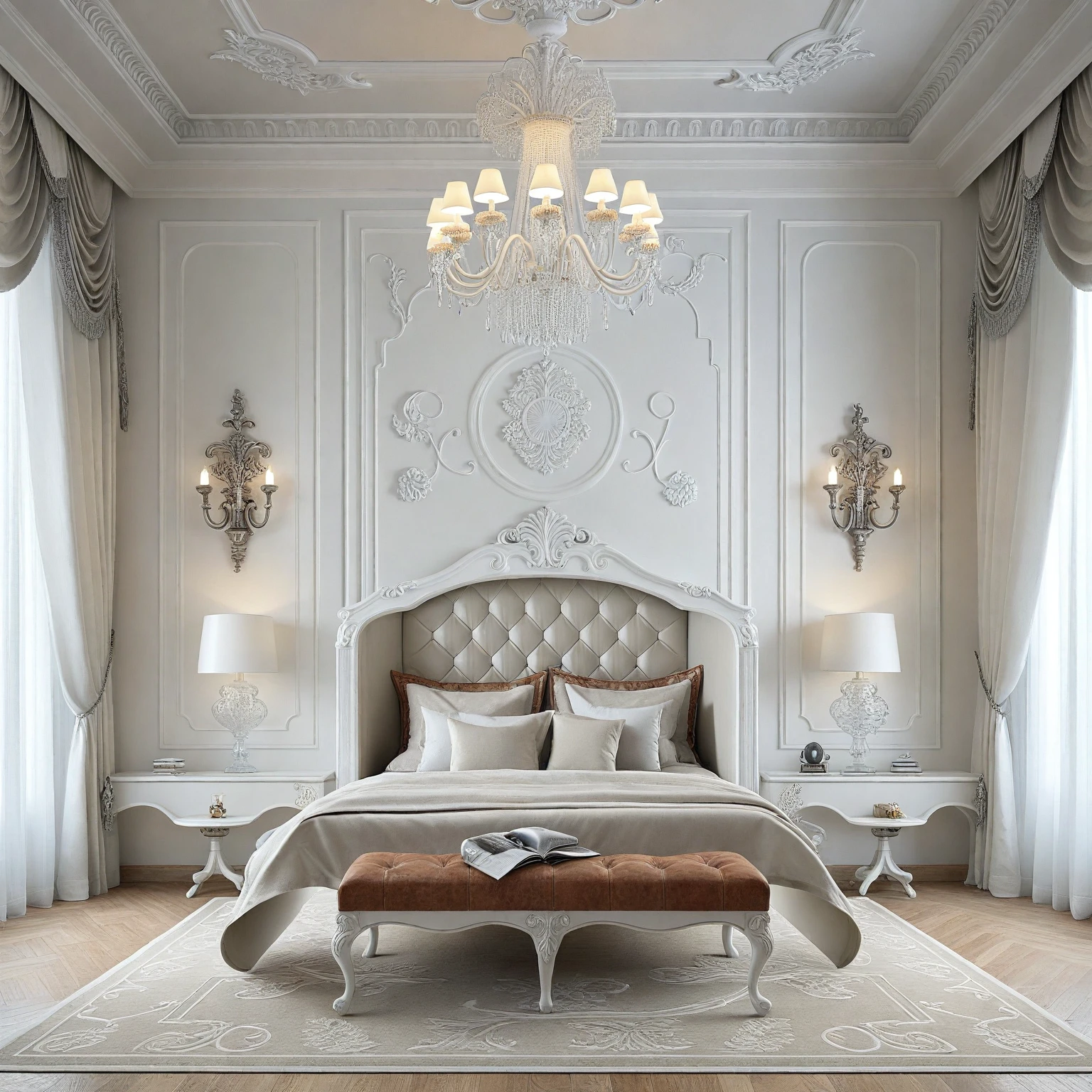 RAW photo, masterpiece, a view of a ( Bed ROOM :1.3) with a couch, chairs, and a chandelier, highly detailed interior, neo - classical style, neoclassical style, neoclassicism style, interior architect architectural visualization, neoclassical style, in style of classicism, white light sun, rendered in vray, rendered in v-ray, rendered in unreal engine 3d, (photorealistic:1.2), (photorealistic:1.5), best quality, ultra high res, architechture, (leather sofa detail:1.5), neoclassic house, (detailed railing neoclassic:1.5), luxury neoclassical villa, (mable floor details:1.5), (detailed neoclassical carpet:1.5), in the style of neoclassical scene, glass windows, best quality, (Intricate lines:1.5), ((Photorealism:1.5)),(((hyper detail:1.5))), archdaily, award winning design, (dynamic light:1.3), (day light:1.2), (perfect light:1.3), (shimering light :1.4), refection glass windows, (curved line architecture arch:1.2), photorealistic, FKAA, TXAA, RTX, SSAO, Post Processing, Post-Production, CGI, VFX, SFX, Full color,((Unreal Engine 5)), Canon EOS R5 Camera + Lens RF 45MP full-frame CMOS sensor, HDR, Realistic, Cinematic intricate detail, extreme detail, science, hyper-detail, FKAA, super detail, super realistic, crazy detail, intricate detail, nice color grading, reflected light on glass, eye-catching wall lights, unreal engine 5, octane render, cinematic, trending on artstation, High-fidelity, Viwvid, Crisp, Sharp, Bright, Stunning, ((Lifelike)), Natural, ((Eye-catching)), Illuminating, Flawless, High-quality,Sharp edge rendering, medium soft lighting, photographic render, detailed archviz, ((( BRIGHT WHITE  Tone : 3 ))), (( LIGHT NATURAL reddish-brown doussie wood ))
