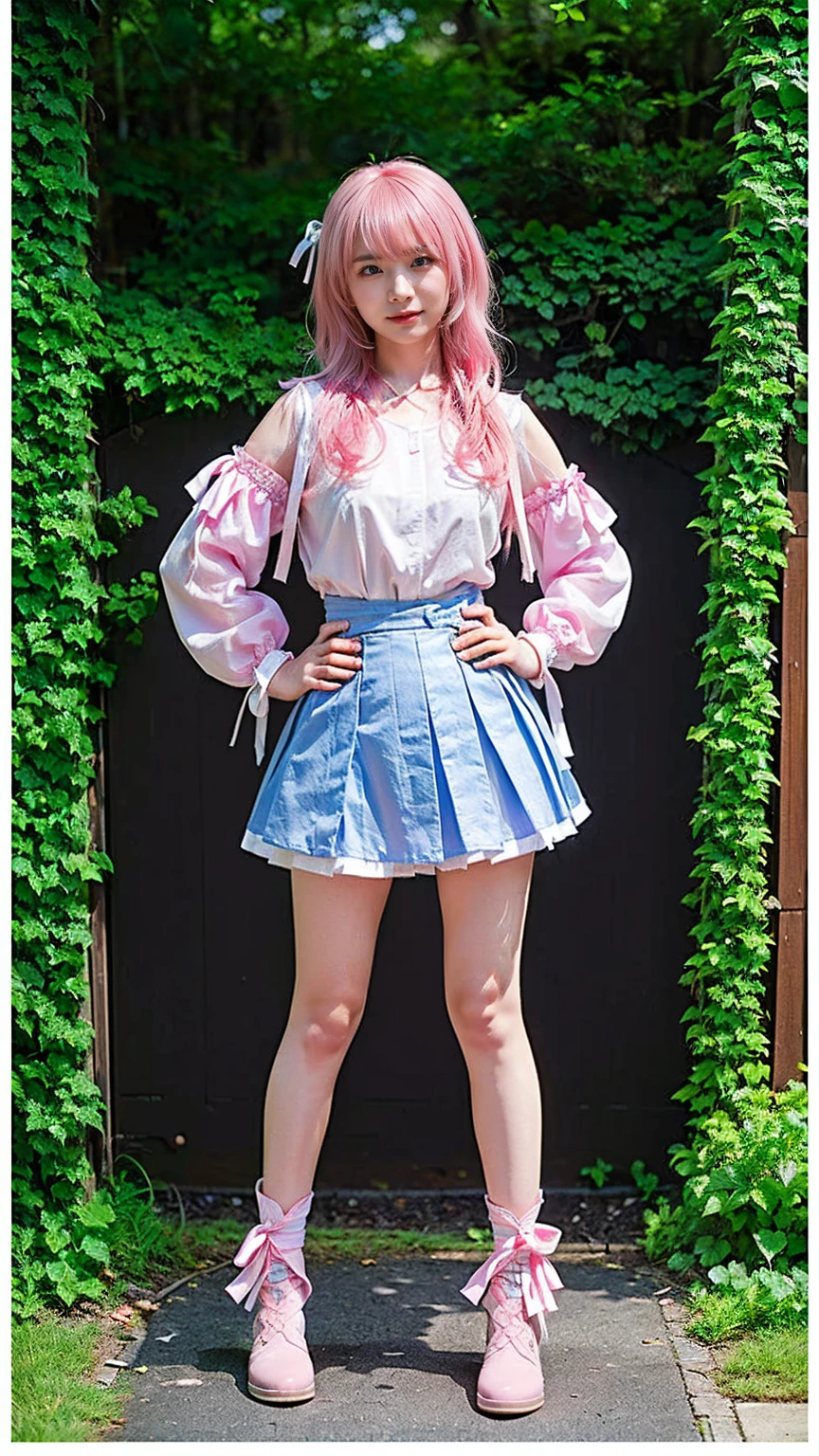 (8k、RAW Photos、Highest quality、masterpiece:1.2)、(Realistic、Realistic)、1 girl、((white、pink、light blue、mini skirt、pinkの髪、Breast enlargement、boots、ribbon、Thin legs、whole body、View from the front、Looking into the camera、ribbon、garden、See-through、Stand with hands on hips))、cute