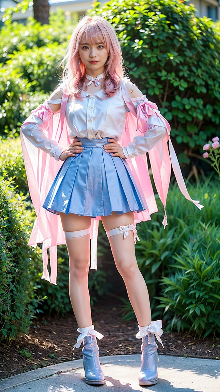 (8k、RAW Photos、Highest quality、masterpiece:1.2)、(Realistic、Realistic)、1 girl、((white、pink、light blue、mini skirt、pinkの髪、Breast enlargement、boots、ribbon、Thin legs、whole body、View from the front、Looking into the camera、ribbon、garden、See-through、Stand with hands on hips))、cute