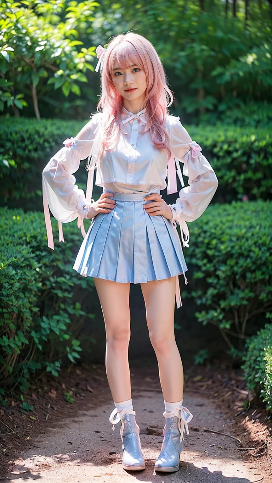 (8k、RAW Photos、Highest quality、masterpiece:1.2)、(Realistic、Realistic)、1 girl、((white、pink、light blue、mini skirt、pinkの髪、Breast enlargement、boots、ribbon、Thin legs、whole body、View from the front、Looking into the camera、ribbon、garden、See-through、Stand with hands on hips))、cute