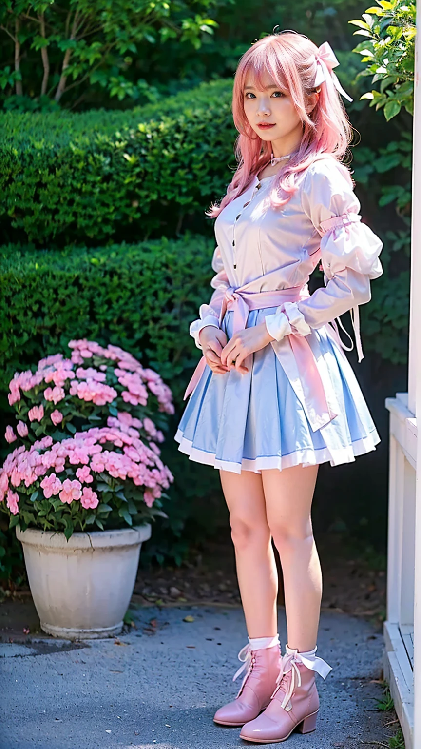 (8k、RAW Photos、Highest quality、masterpiece:1.2)、(Realistic、Realistic)、1 girl、((white、pink、light blue、mini skirt、pinkの髪、Breast enlargement、boots、ribbon、Thin legs、whole body、View from the front、Looking into the camera、ribbon、garden、See-through、Stand with hands on hips))、cute