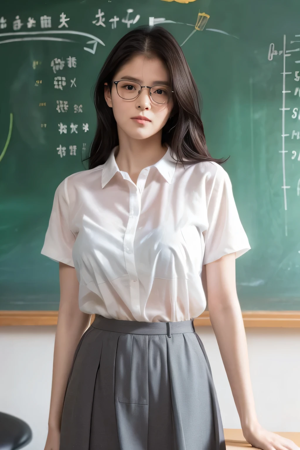 (Best Quality,4K,8K,hight resolution,masutepiece:1.2),full body like, standing, Ultra-detailed,(Realistic,Photorealistic,Photorealsitic:1.37),nffsw,nffsw,Professional,Portrait,Beautiful detailed eyes,Beautiful detailed lips,extremely detailed eye and face,longeyelashes, Confident smile,Serious expression,Naked,toppless,Breast exposure,Beautiful udder ,School teacher with glasses,Sheer fabric formal shirt that emphasizes the lines of the body,Drenched in sweat, can see through, Exposed,Dark gray short skirt that emphasizes the lines of the body,very thin waist, exposed thighs, White stockings,Stand in front of the chalkboard,Teach with passion,Students listening intently,Clean and organized classrooms,Bright and natural lighting,Vivid colors,Soft shadows,Show off your knowledge,Interactive teaching style. showing huge breasts half. opening shirt, (nsfw:1.2)