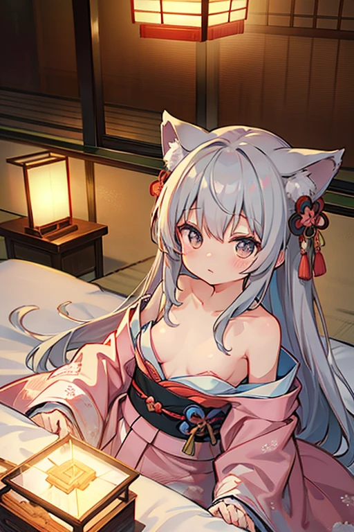 Animal ears、cute、Small breasts、Gray Hair、Long Hair、kimono、shrine、indoor、On the futon、Japanese-style room