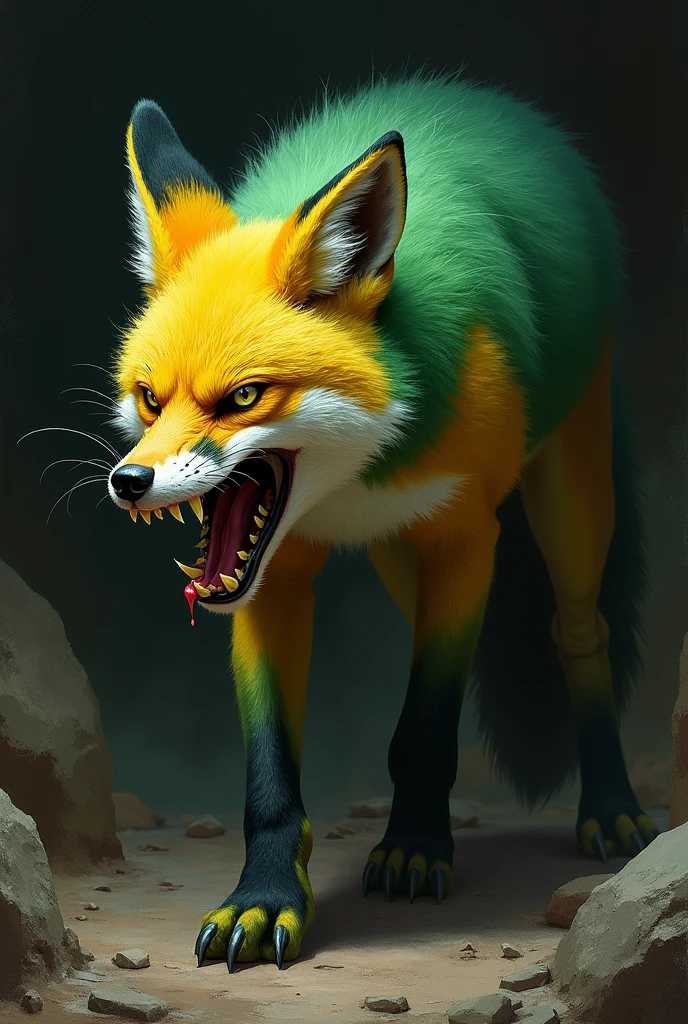 An angry green and yellow fox