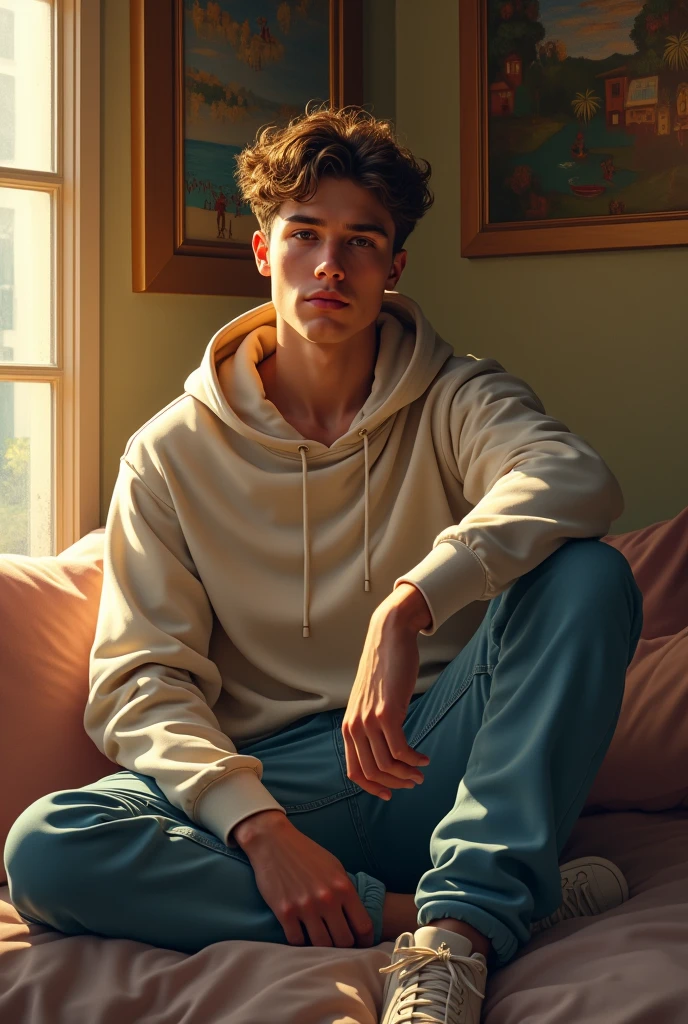 (photorealism:1.2), a handsome man, sitting on bed, wearing a hoodie, baggy jeans, short curly hair, indoors, soft lighting, mosaic paintings in the background, window with sunlight, cozy room, relaxed pose, realistic, intricate details, warm colors, by Greg Rutkowski, by Alphonse Mucha