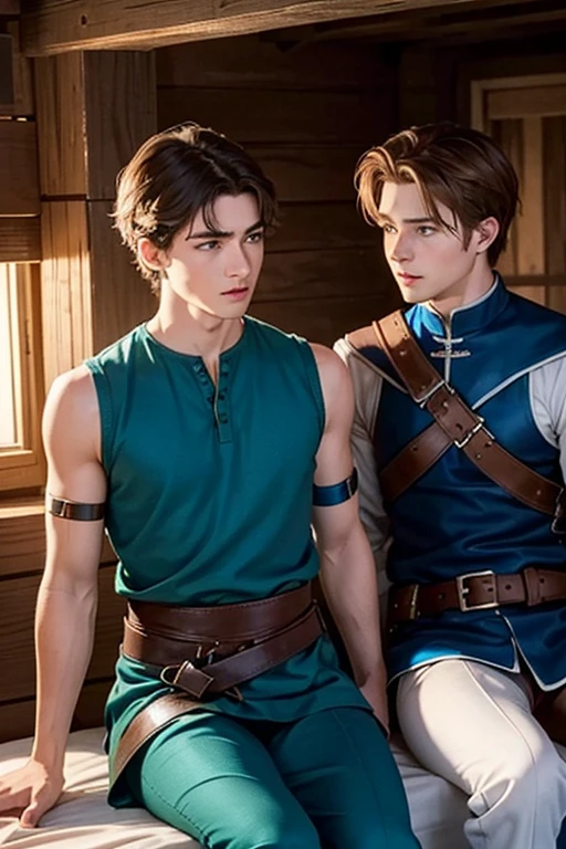 Photo-realistic. A pleased, 16-year-old, handsome, muscular Caucasian man with fade-cut, brown hair, and blue eyes, wearing shabby, sleeveless, leather armor, with metal shoulder guards, boasting, as he tells a dramatic story to a 15-year-old, lean, Caucasian peasant man, with short, brown hair, and blue eyes, in a blue and green tunic, listening in wonder, sitting next to each other on a simple bed, in a rustic inn room, at night.