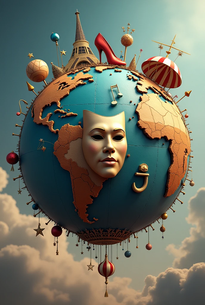 Globe composed of theater mask, dance shoe, musical instrument and circus