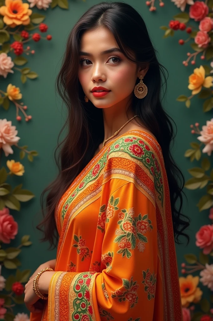 Ek ladki his skin colour faire lips heart shaped eyes sexy and arched eyebrow in floral sari with long straight hair