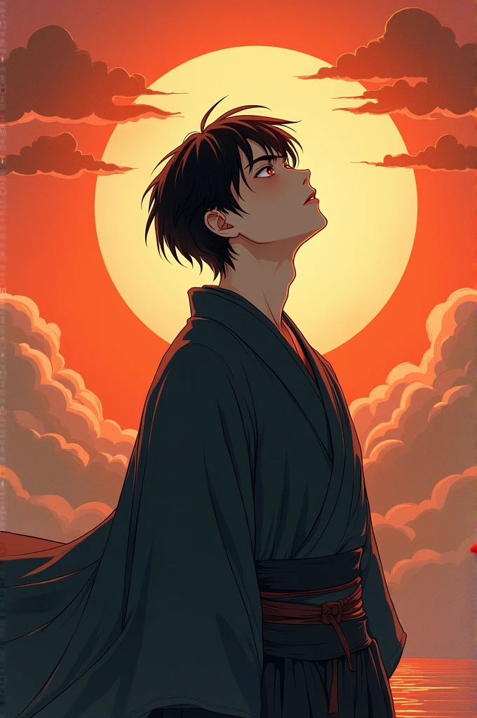 Man dressed in a robe, black hair , light skinned, cries when he sees the sun appear , taisho era manga style