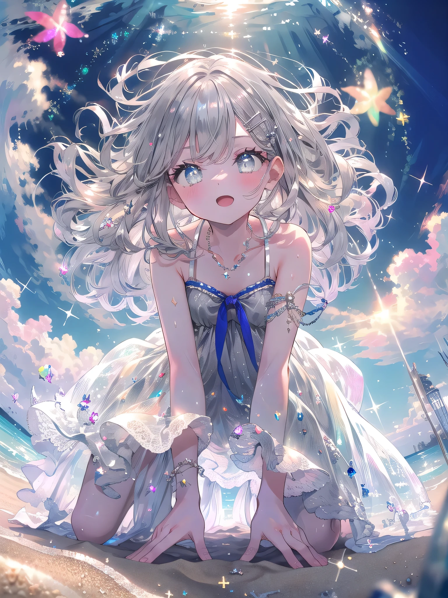 (8K, Highest Quality, Masterpiece:1.3)), Ultra High Resolution, (1 girl, solo), (Color Changing Eyes, Highly Detailed, Expressive Sparkle, Sparkling Eyes), Highly Detailed Eyes, Highly Detailed Face, Random Hair, (Silver Grey Color), Hair Clip, Flat Chest, (Summer Dress:1.2), Pastel Underwear, (Fun Expression:1.2), (Beach, Sand, Shining Sunlight:1.1), On All Fours, View from Below