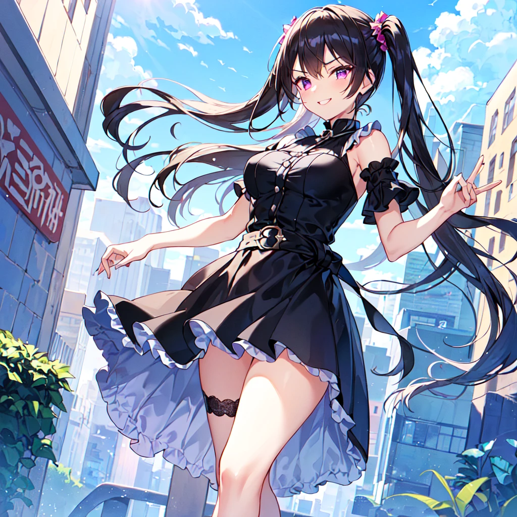 masterpiece, best quality, high quality, extremely detailed, very delicate and beautiful, (1 female 18 years old, solo: 1.5), (long black hair up to waist with two side up: 1.5), bangs to eyebrows, eyes (eyes sharp, strong, glossy, glossy eyebrows), (eye color magenta:1.3), 6.5 head height, (summer fashion: 1.3), knee socks, lace, frills, (smiling), (walking), (dynamic pose), (looking at city from summer hill: 1.3), (blue sky: 1.3)