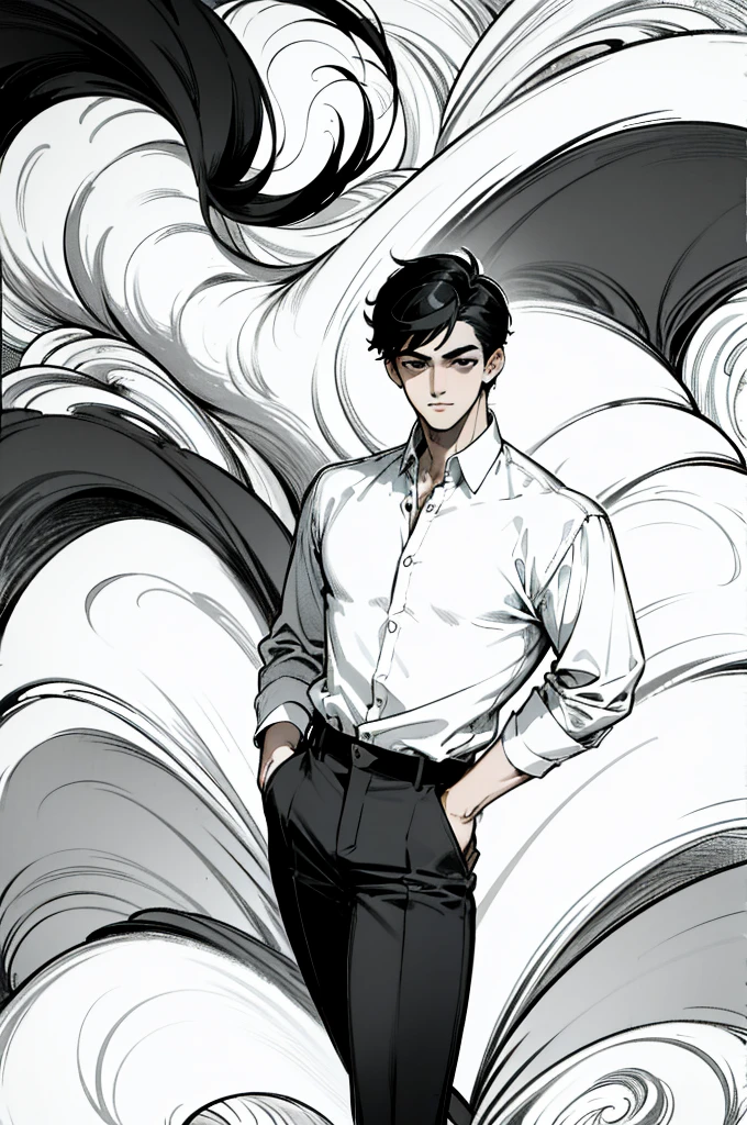Black hair man, black eyes, vintage shirt, long pants, handsome, focus on the face