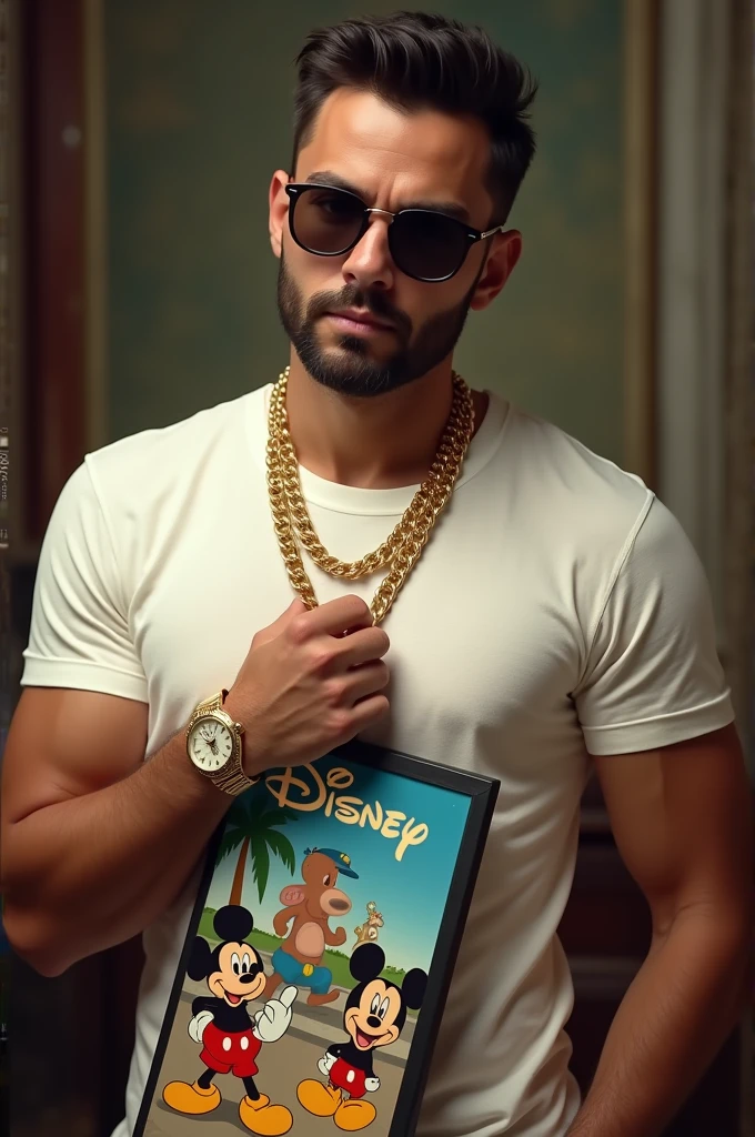 Man in wearing golden chain white t shirt wearing Rolex holding Disney elio poster