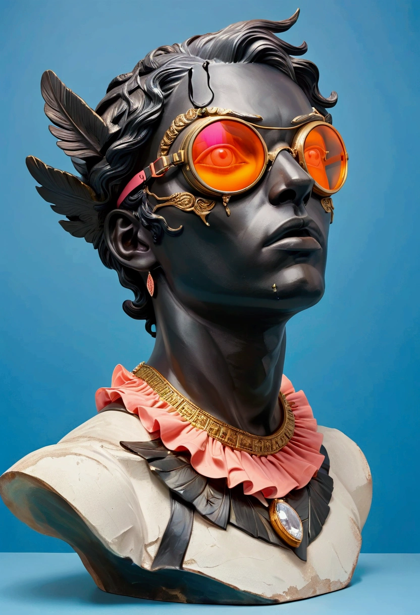 A black Greek mythological statue head with pink and orange goggles on, against blue background, with diamonds in the eyes, with an oversized ruffled collar that extends down to his neck