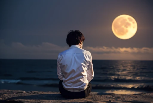 Watching the moon、Lonely、Drinking whiskey on the rocks、Back view of a man covered in tears、Grey long sleeve dress shirt、Sea of night、
