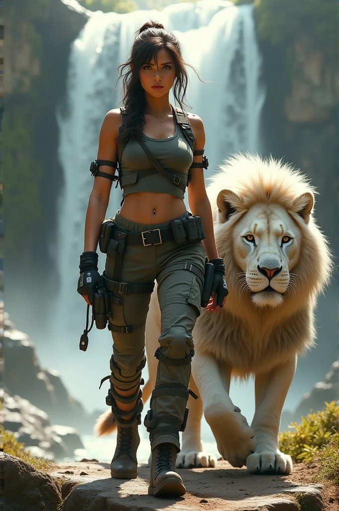 Create a young woman inspired from lady lara croft at tomb rider movie.fully war equipment, beside of her walking a giant white lion near the river and water fall. Scene movie like they are having conversation