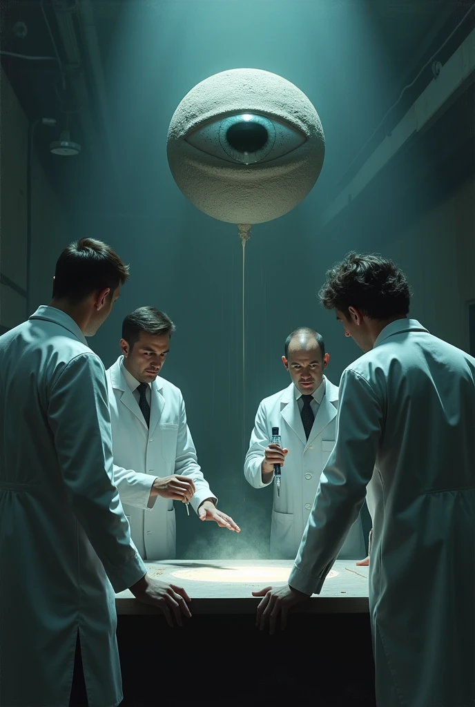 A group of 4 scientists with their backs turned looking at a glass window where there is a grey semi-circular oval stone-shaped object floating above a table that flickers and the object has an eye in the center, In addition, a scientist has a syringe and a drill trying to pierce the object.. But the eye looks dull, without energy and objecting to everyone