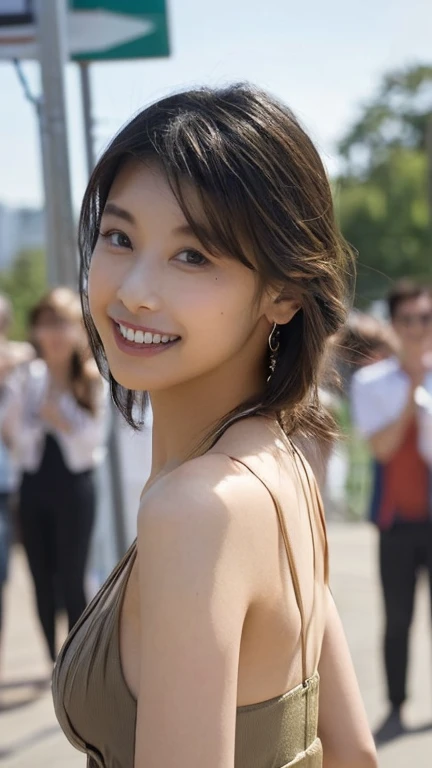 masterpiece, Highest quality, Very detailed, 複雑に詳細なSuper detailed, Realistic, Sharp features, Very detailed, Sharp focus, Perfect Face, Perfect symmetrical eyes, Perfect Plump Lips, Super detailed, hyper Realistic, High resolution, (Random Pause), thin, Sexy Girls, Perfect body, stylish, Realistic, PhotoRealistic:1.3, Beautiful Face, Light brown hair, Messy Hair, Beautiful hairstyle, (Grin), Beach,(At a busy intersection:1.3)、(A large crowd gathers around her:1.3)、(She is the people around her々It has been attracting attention and being impressed by:1.8), (Micro Bikini:1.10), Facing forward, Proudly,