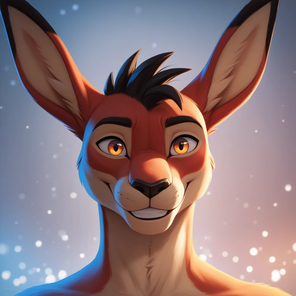 solo male, kangaroo , furry, smiling, red fur, Black fur stripe, netral, Traumatized face, dynamic lighting, illustration, beautiful, particles (high quality,4k,8k,highres,masterpiece:1.2), ultra-detailed, impressionistic:colorful,