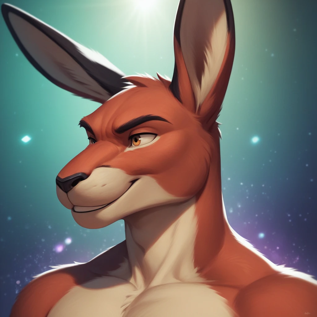 solo male, kangaroo , furry, smiling, red fur, Black fur stripe, netral, Traumatized face, dynamic lighting, illustration, beautiful, particles (high quality,4k,8k,highres,masterpiece:1.2), ultra-detailed, impressionistic:colorful,