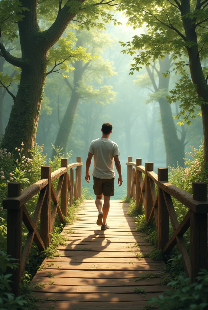 man walking on wooden bridge