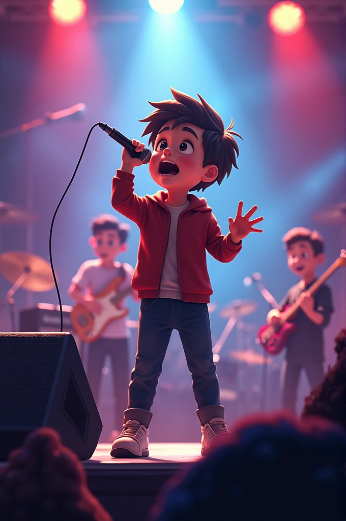 Generate an image with the text "1000 pieces" and a boy with mic singing with a musical background